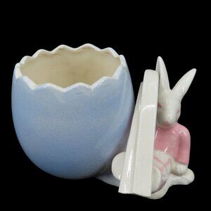 VTG Skiing Easter Bunny Rabbit White Pink Blue Ceramic Vase Candle Holder Japan